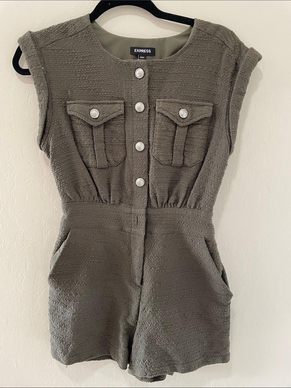 Express Olive Textured Sleeveless Romper with Front Buttons